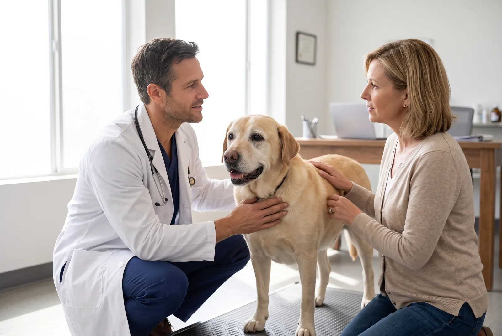 Dr. Daniel Whitmore talking with the owner of a senior Labrador in a consultation room