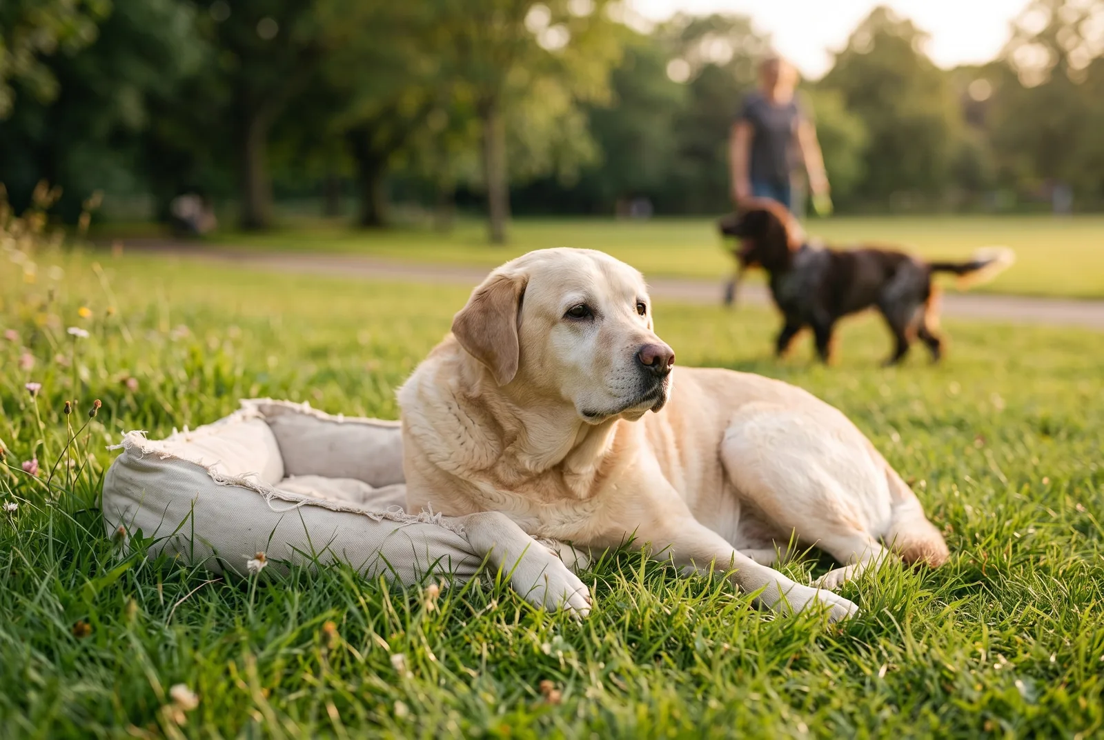 An older dog resting in the grass while another dog plays out of focus in the background