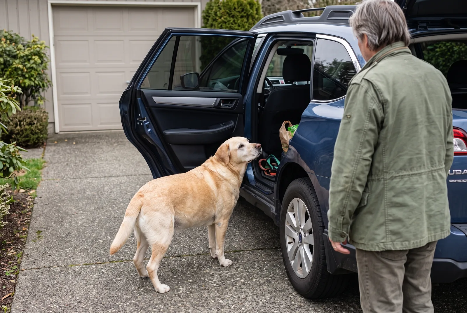 An older Labrador pausing beside the open rear door of a family SUV before jumping in