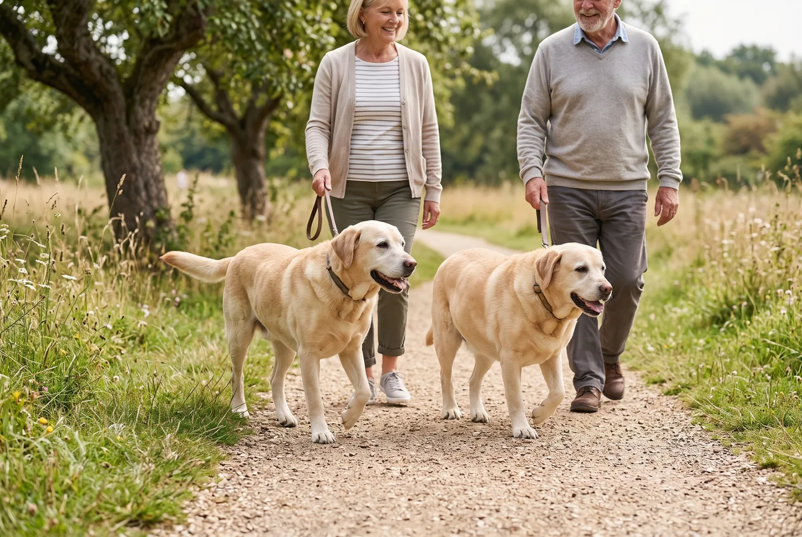 Two similar-aged Labrador-type dogs walking side by side, one at a healthy body condition and one slightly overweight