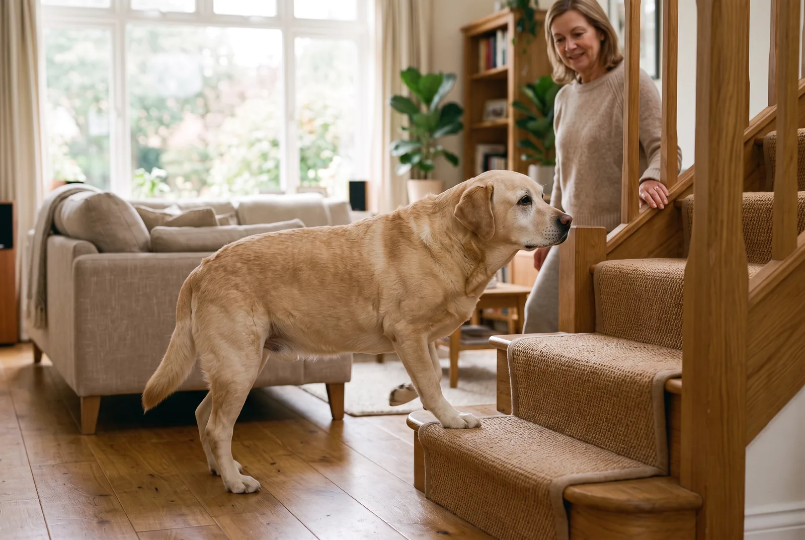 An older dog walking up two low household stairs with the owner nearby