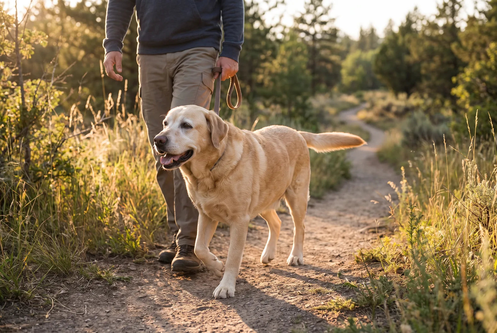 An older Labrador walking comfortably beside its owner on a quiet nature trail at golden hour