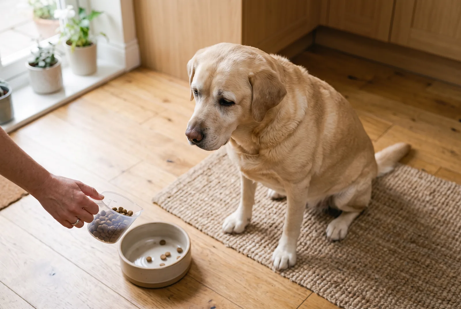 Overhead view of a dog bowl with a modest measured portion and an owner's hand holding a measuring cup