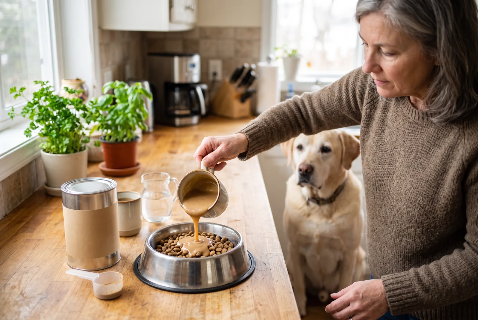 An owner stirring prepared BOWLFUL gravy into a measured bowl of dog food while an older Labrador waits nearby