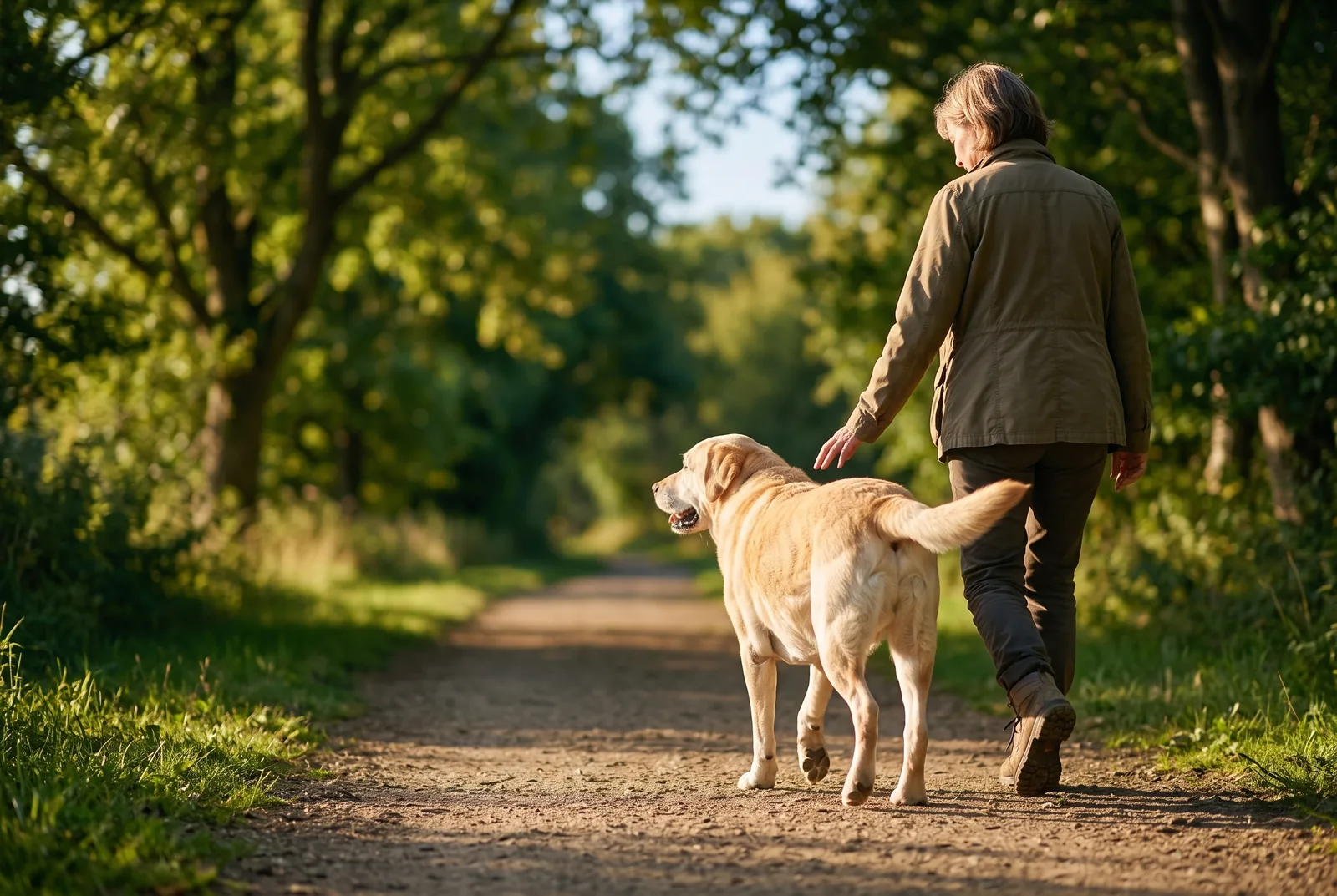 An older Labrador walking beside its owner on a peaceful green trail, viewed from behind