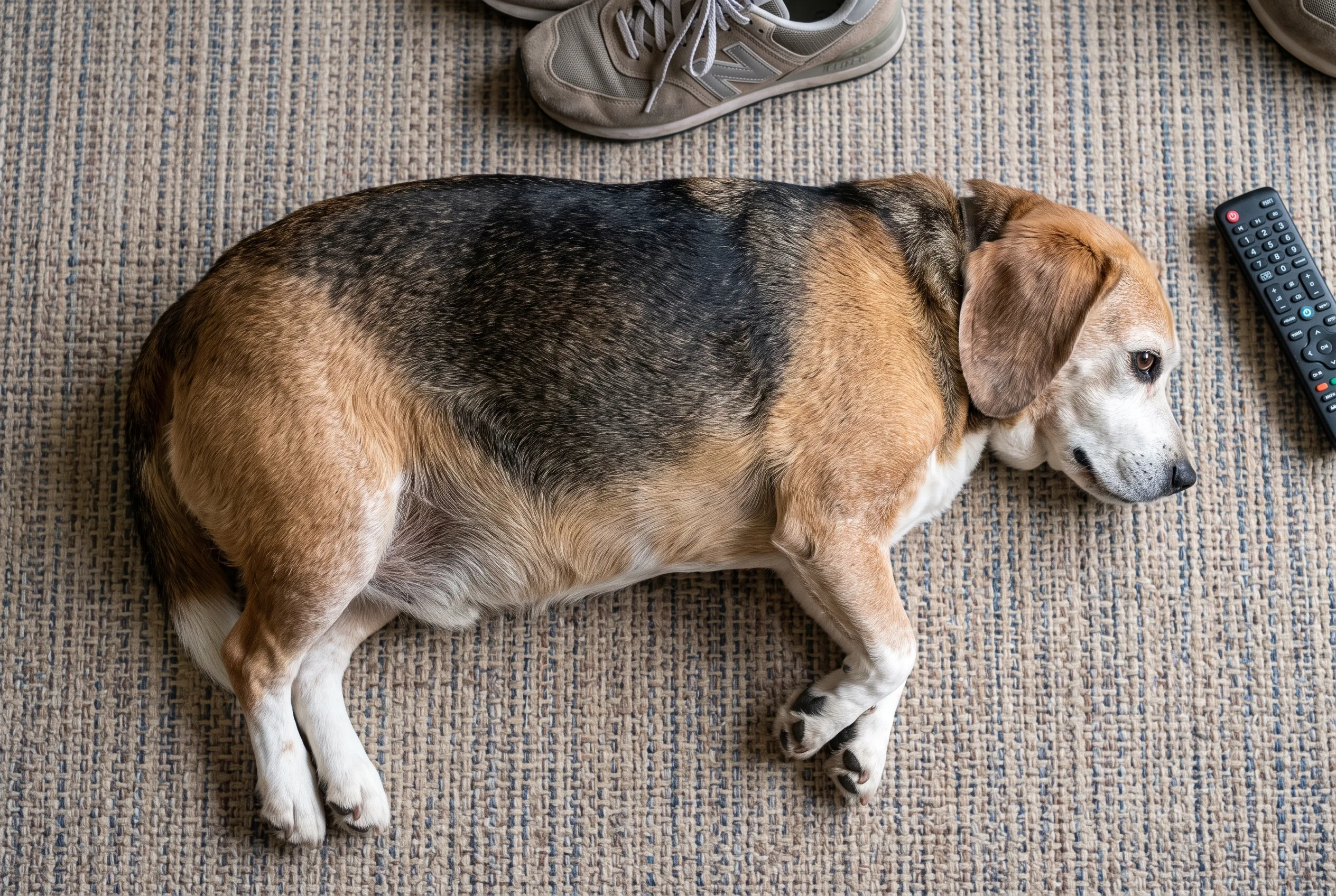 The same senior Beagle lying on a living-room rug, photographed straight down from above