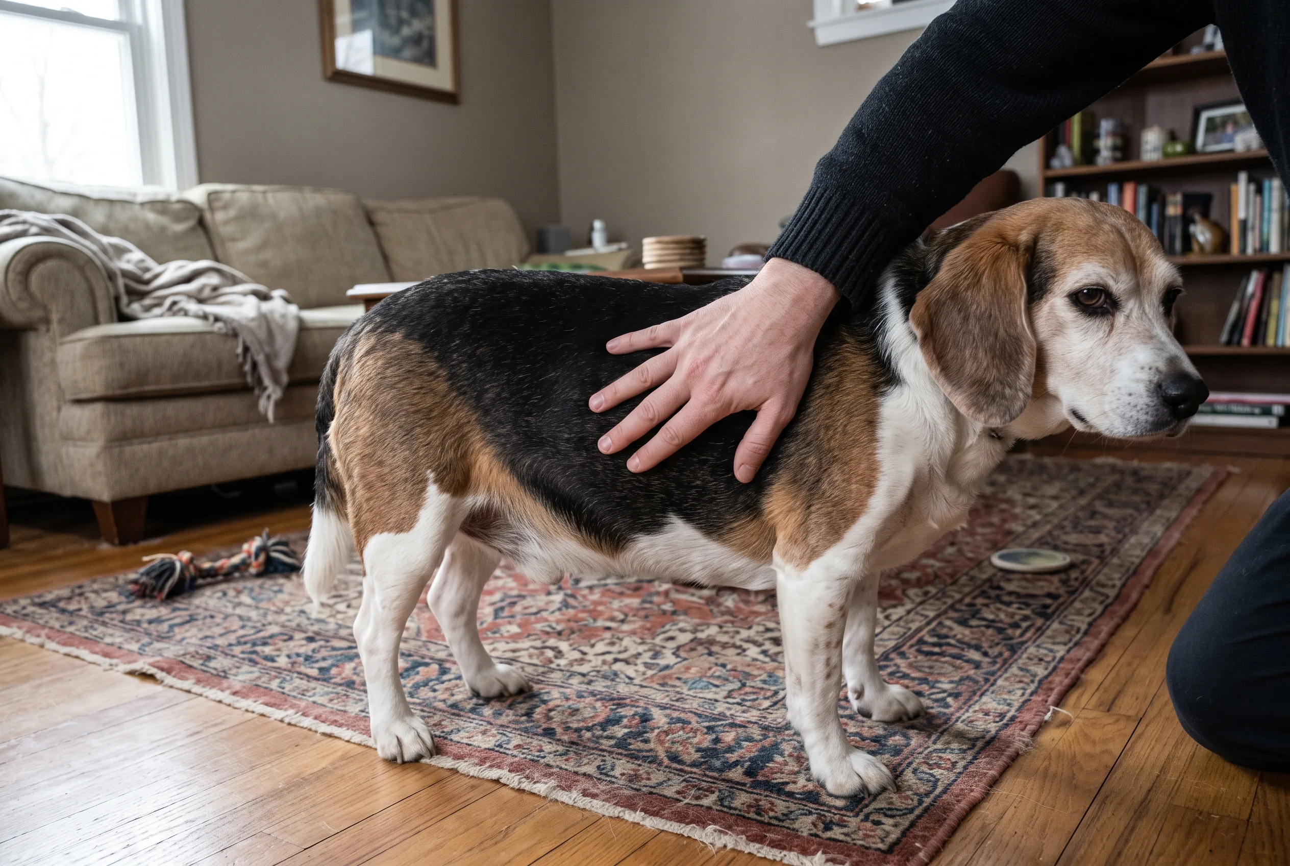 A hand running flat fingers along the ribcage of a senior Beagle standing on a rug