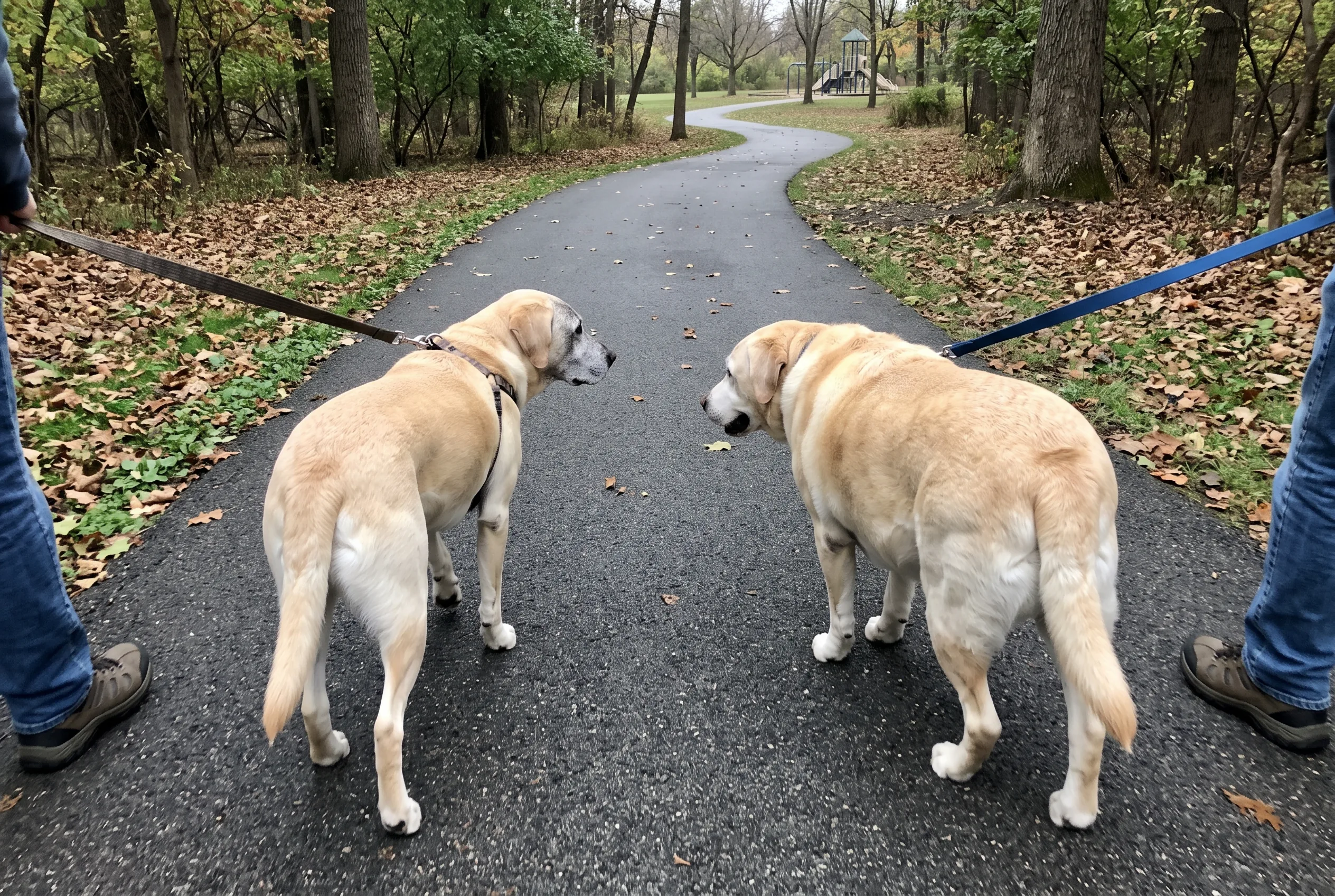 Two grey-muzzled yellow Labradors walking side by side on a park path, one lean and one heavy