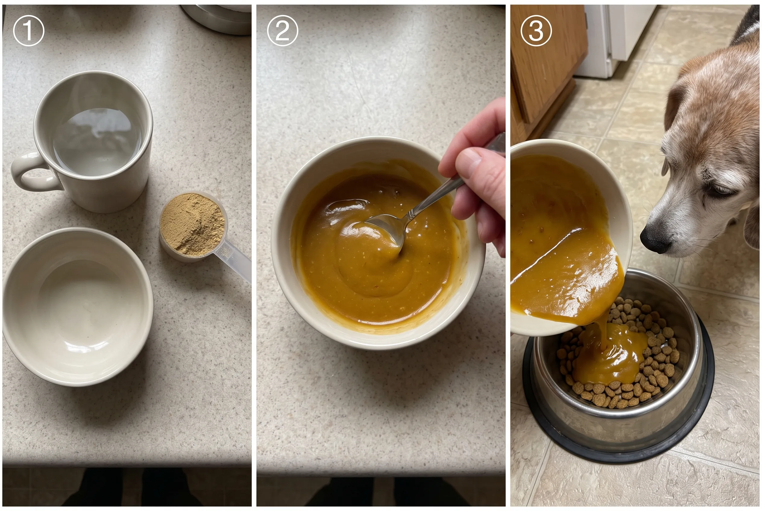 Three panels: a scoop of powder and a mug of warm water, a hand stirring gravy, gravy poured over kibble for a senior Beagle