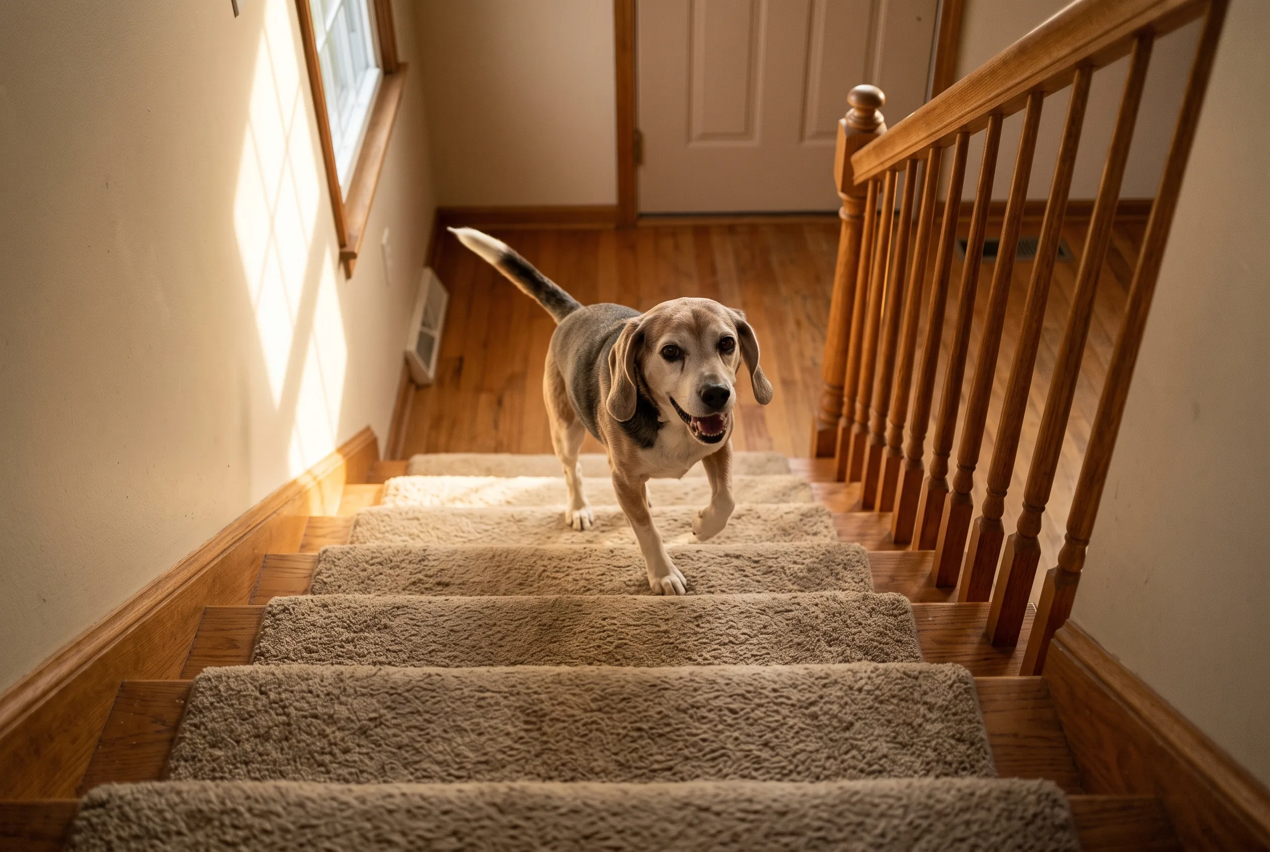 The same senior Beagle, now with a visible waist, trotting up the last steps of the staircase