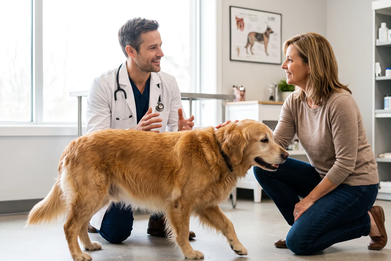 Dr. Daniel Whitmore and an owner talking about the mobility of an older Golden Retriever