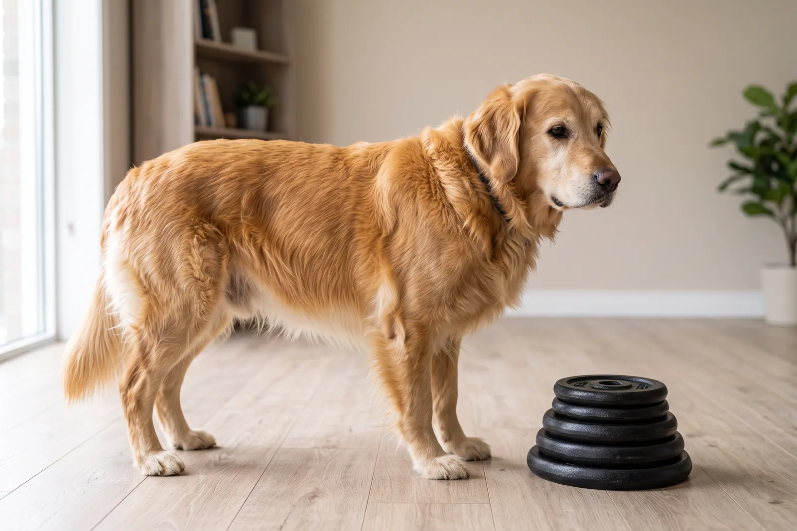A healthy dog standing beside a stack of weight plates as a visual for support versus load