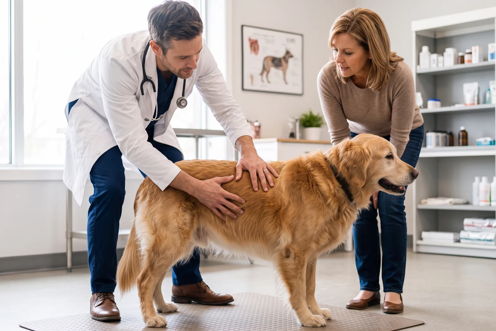 An owner gently assessing the rib area and waist of a calm Golden Retriever