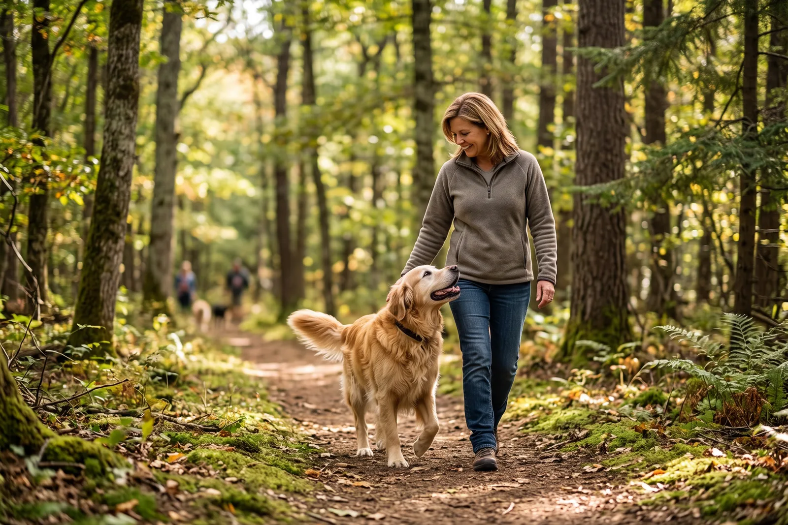 An older dog walking beside its owner on a forest path with relaxed, confident movement