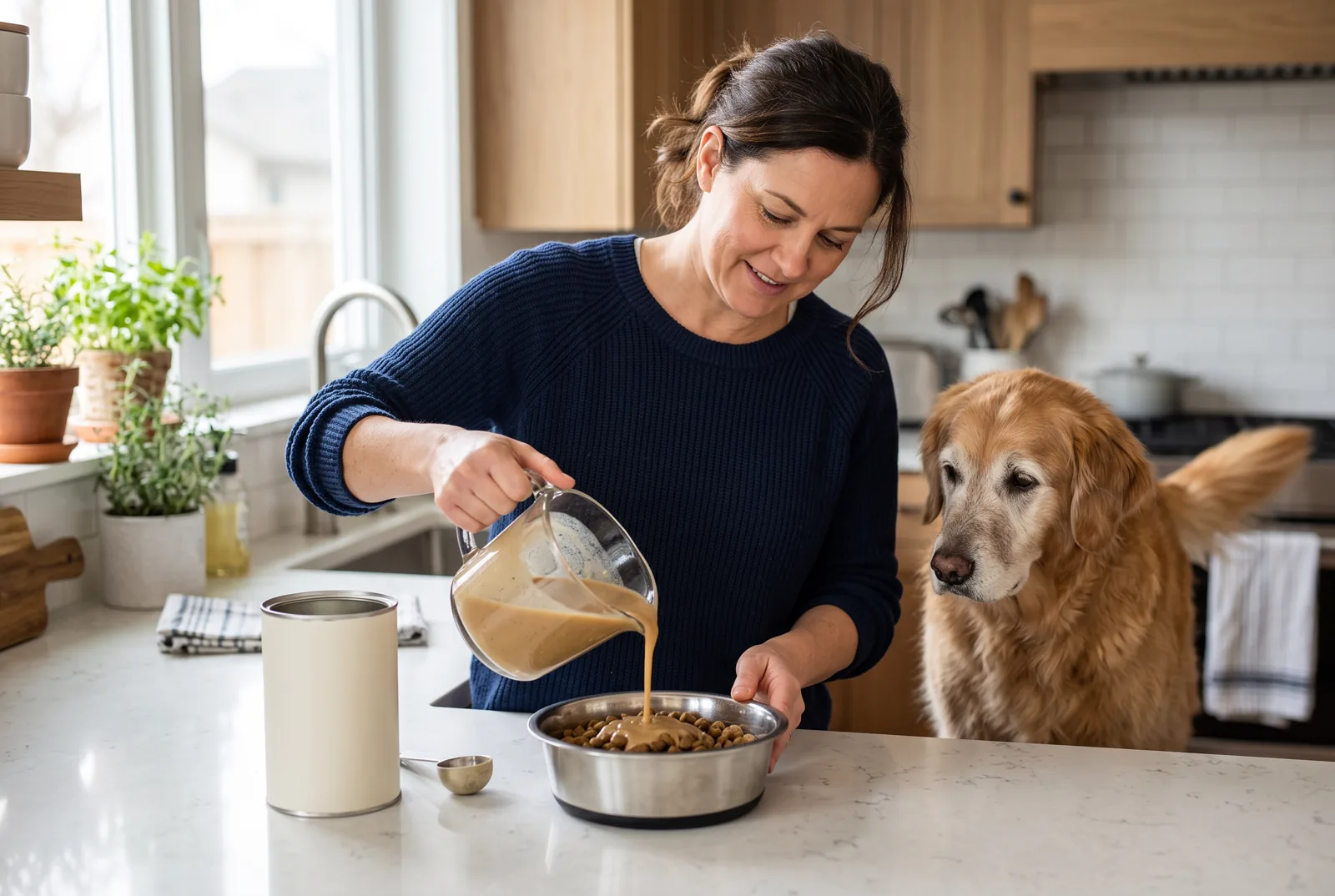 An owner stirring prepared BOWLFUL gravy into a measured dog meal in a bright kitchen