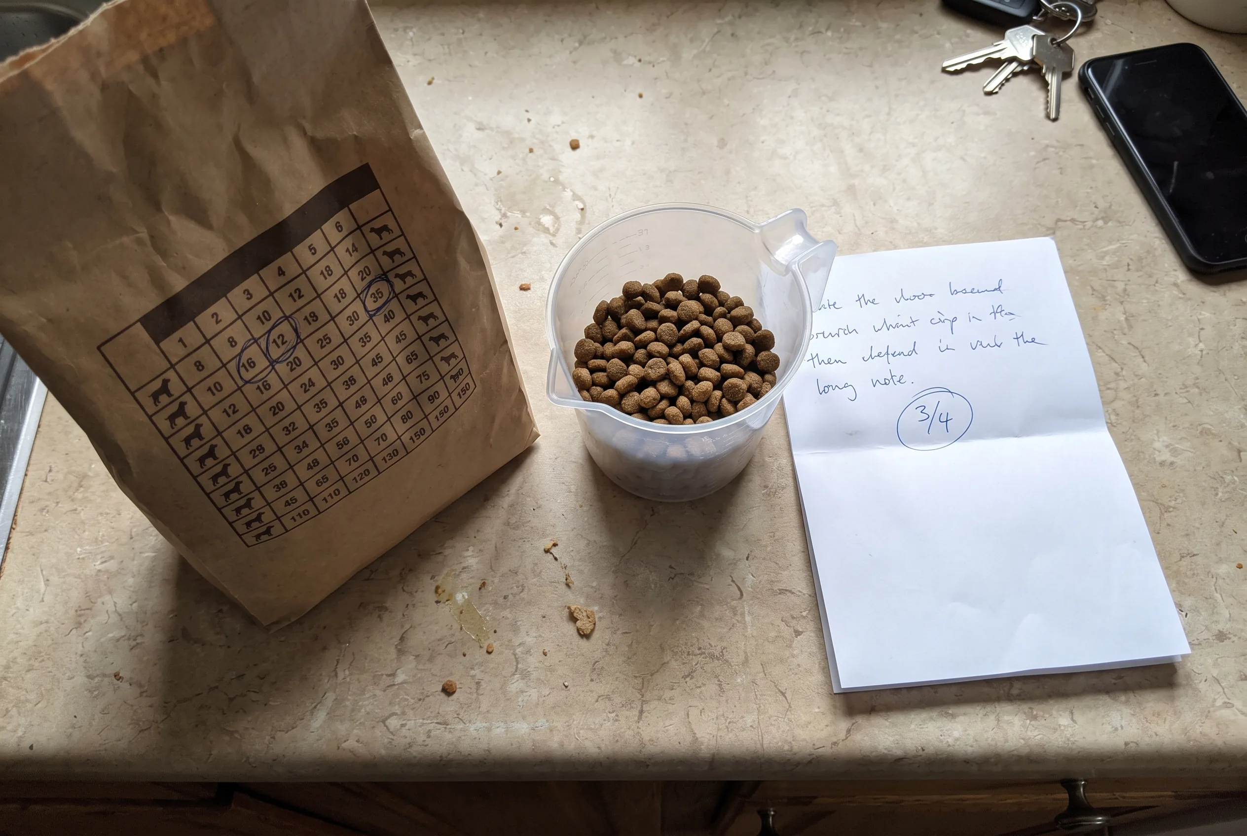 A kibble bag showing its feeding chart, a half-filled measuring cup and a folded vet's note with a number circled