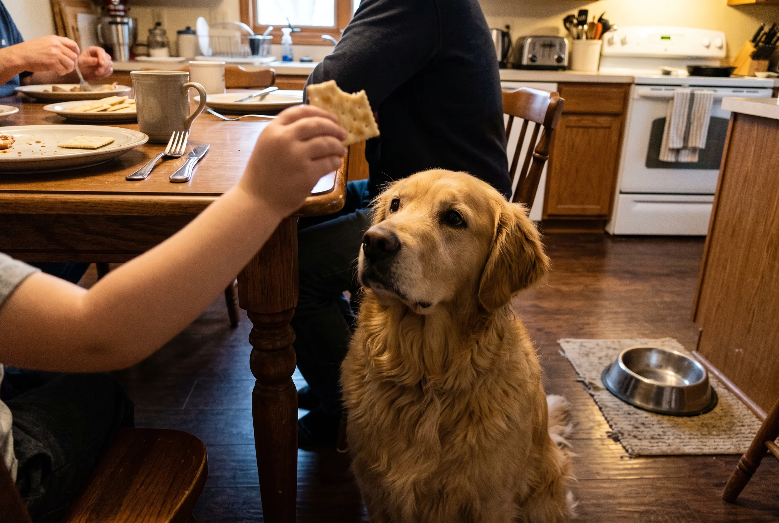 A child's hand under the dinner table holding a cracker toward a heavy Golden Retriever, an empty dog bowl nearby