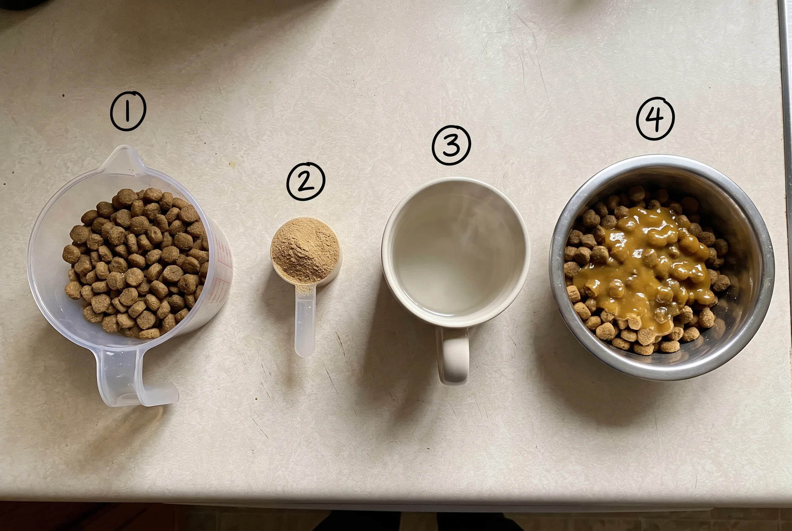 A measuring cup of kibble, a scoop of powder, a mug of warm water and a finished bowl of kibble with gravy in a row, numbered 1 to 4