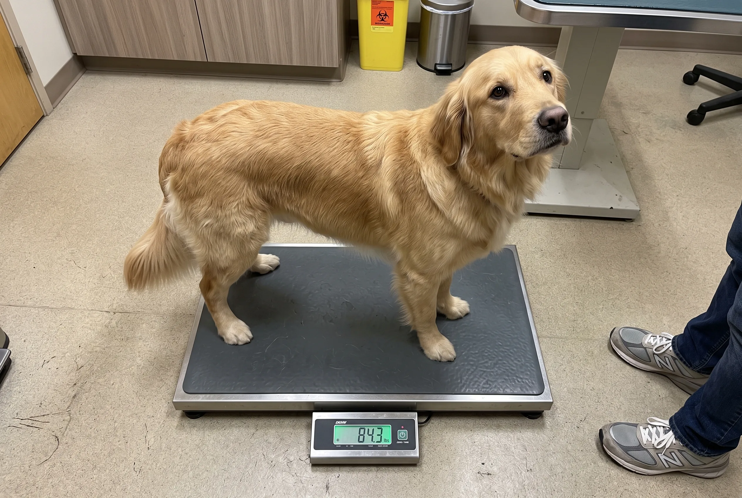The same Golden Retriever standing square on the clinic scale, now with a faint waist visible from above