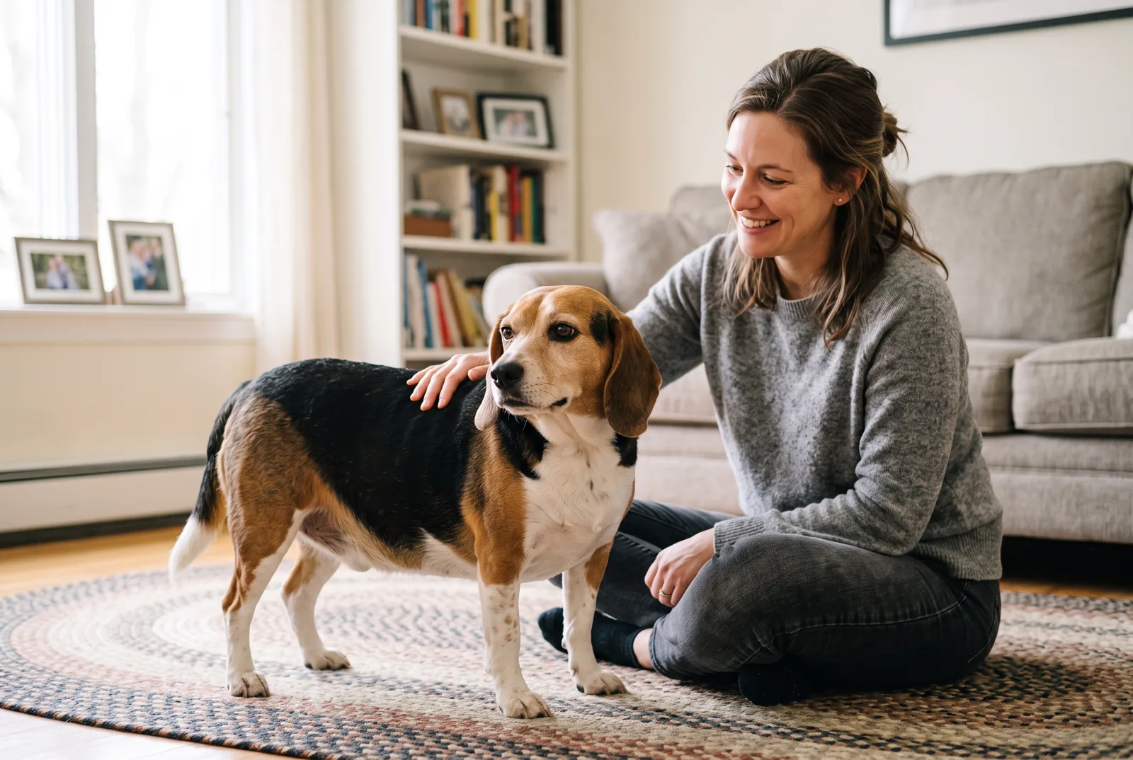 A mildly overweight medium-sized dog standing beside its owner in a bright home