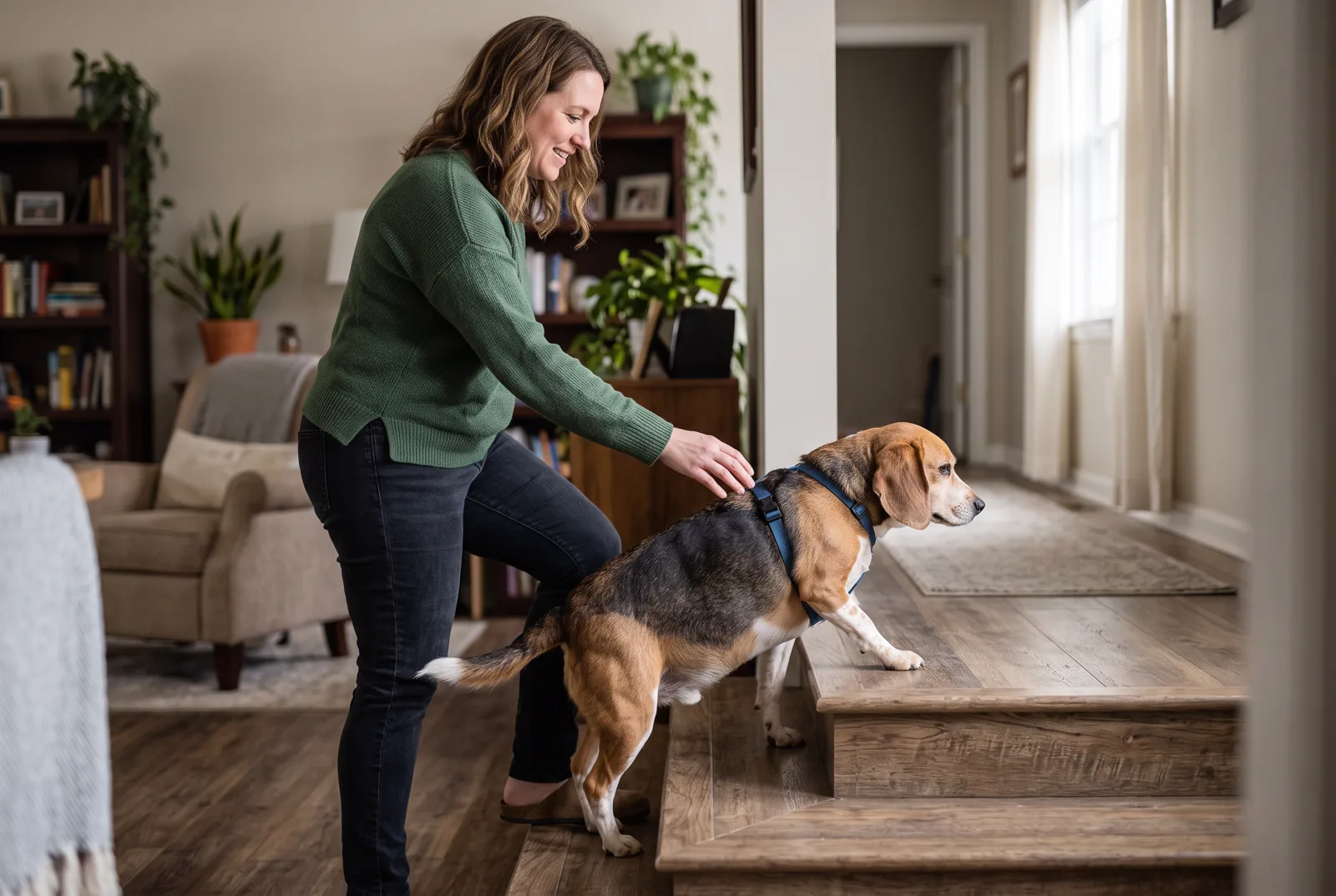A mildly overweight dog climbing two household stairs beside its owner