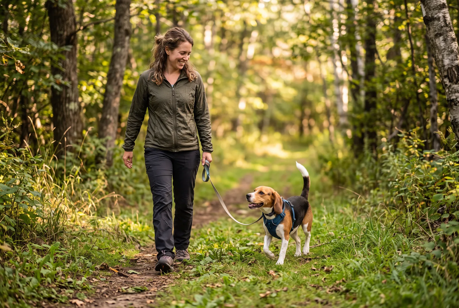 A dog walking enthusiastically with its owner on a green trail