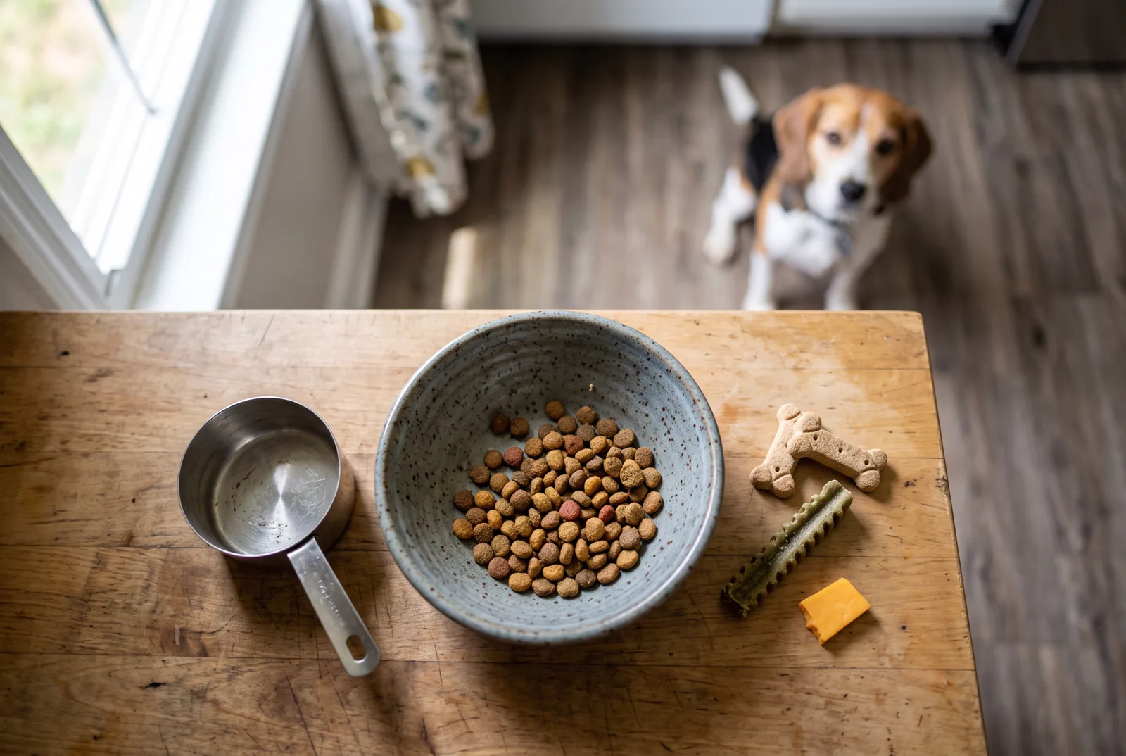 Top-down kitchen scene with a measured bowl, a measuring cup and several daily extras