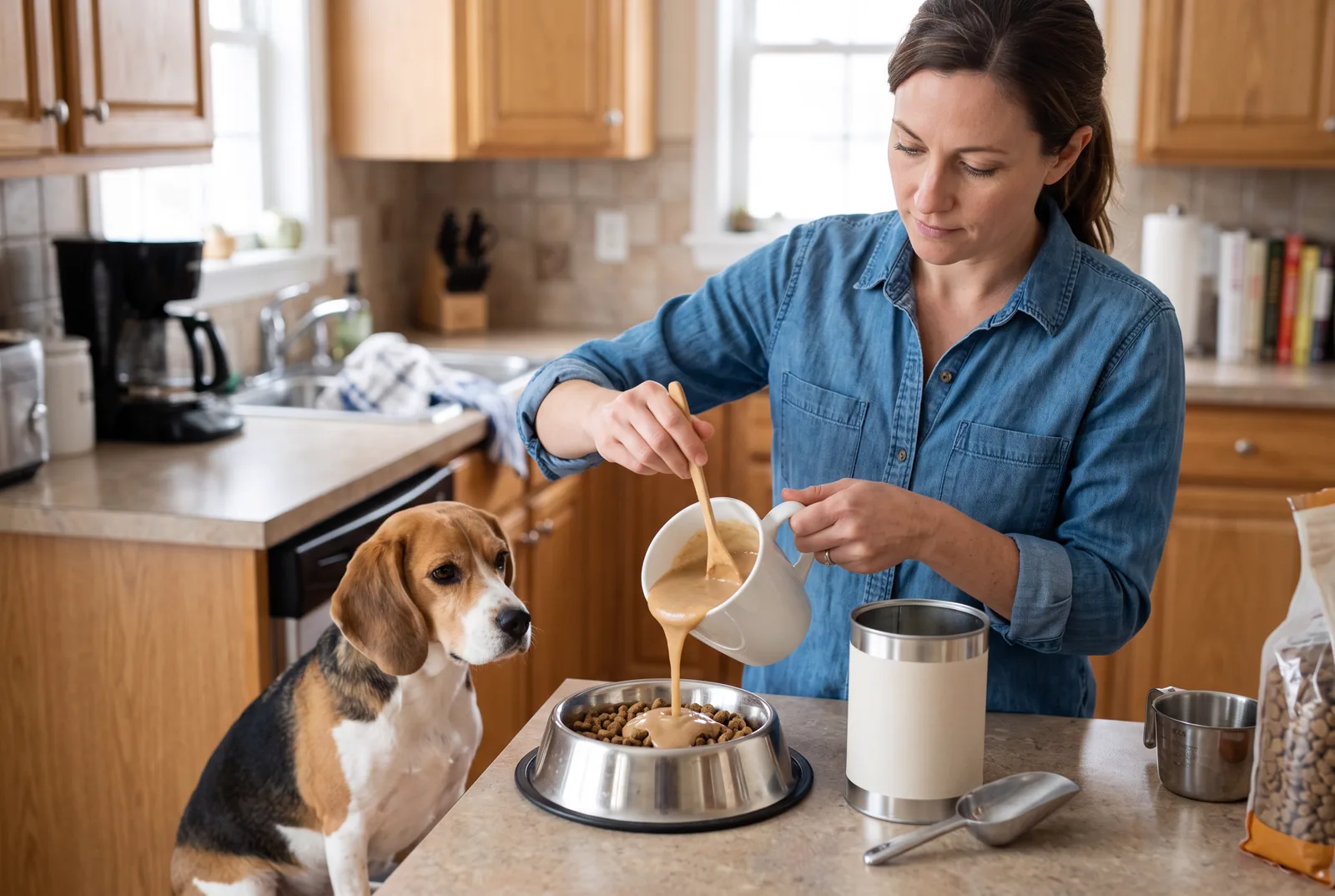 An owner stirring prepared BOWLFUL gravy into a measured base meal in a bright kitchen