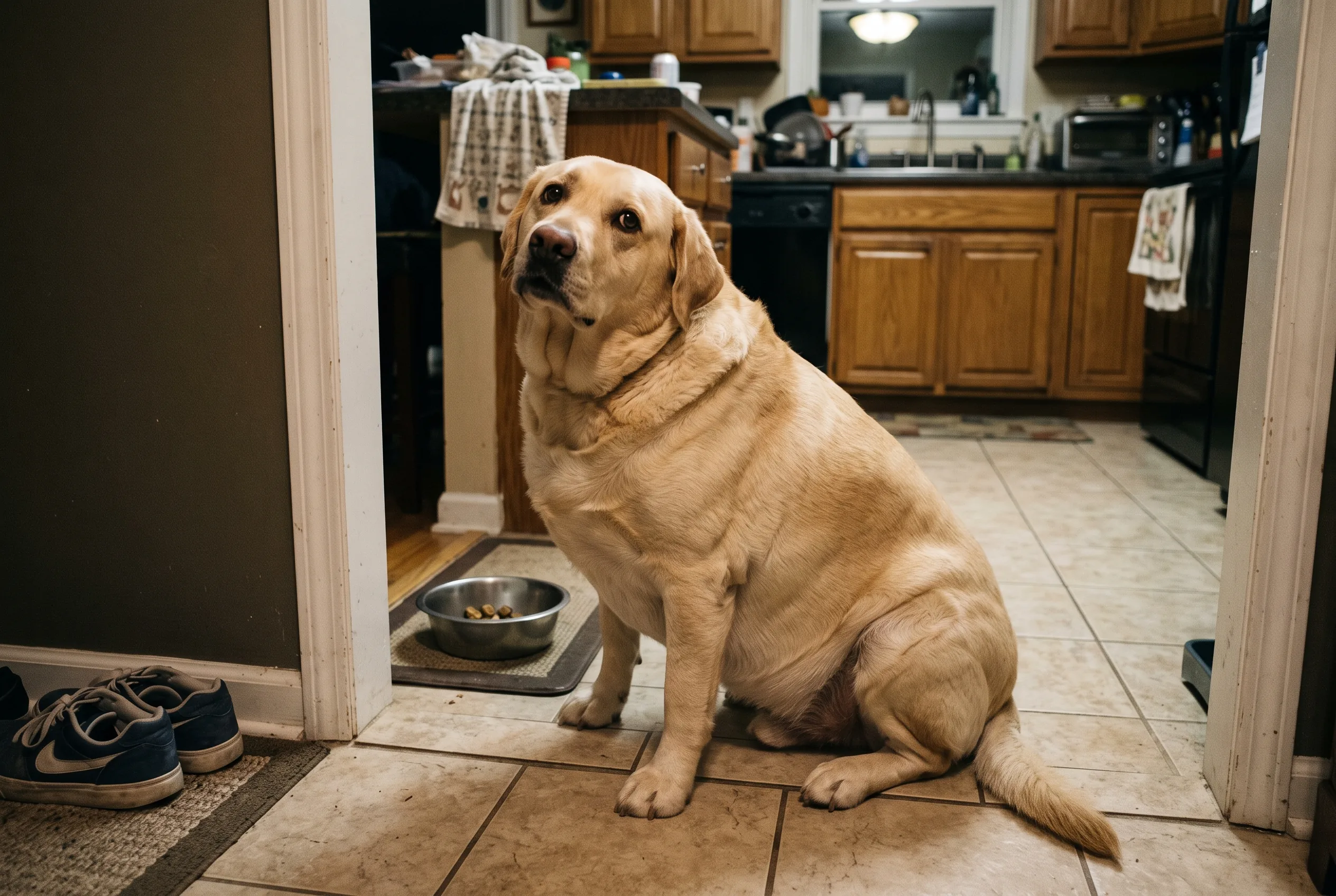 A heavy yellow Labrador sitting in a kitchen doorway with a begging stare, a nearly empty bowl behind him