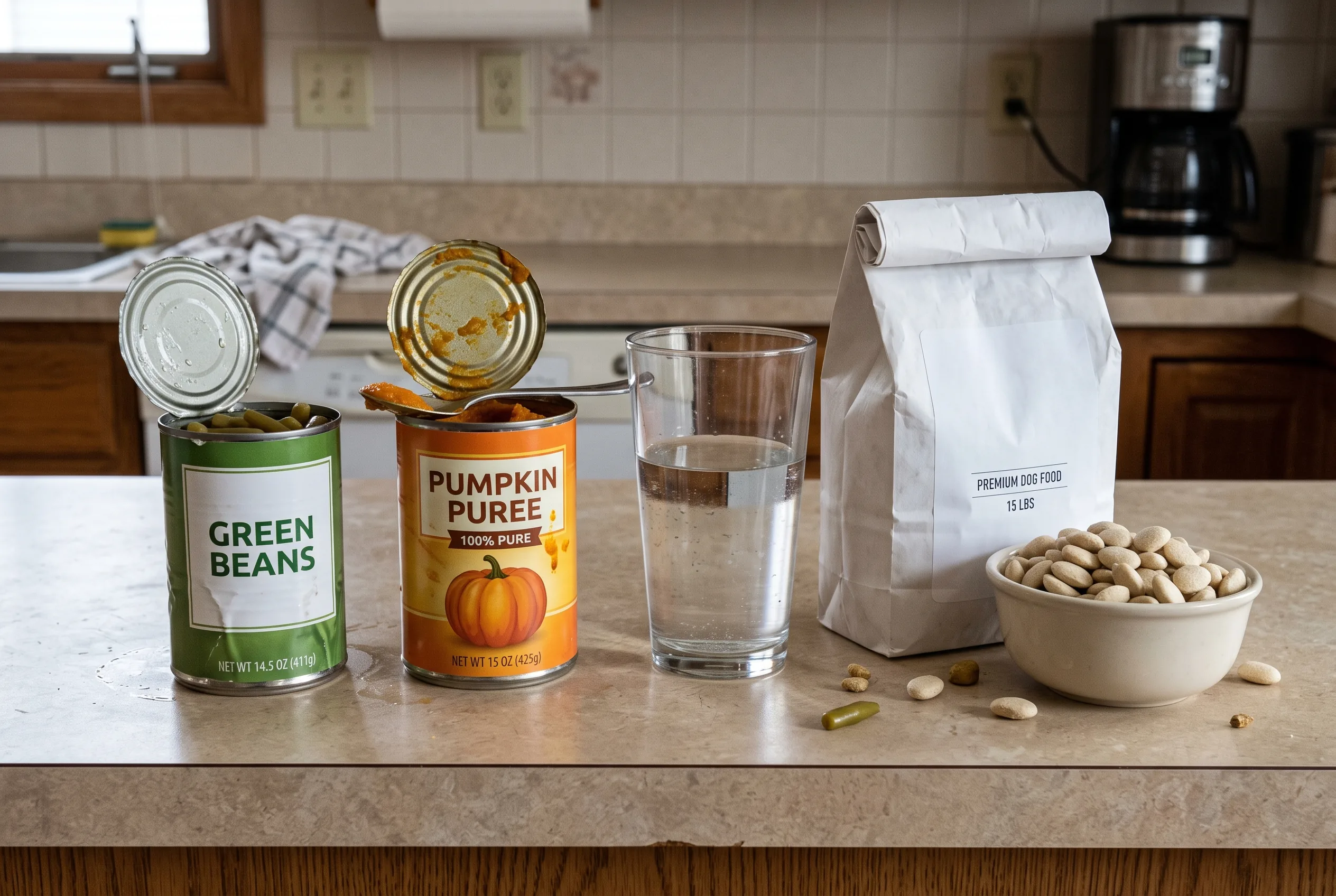 An opened can of green beans, a can of pumpkin, a glass of water and a plain white kibble bag lined up on a kitchen counter