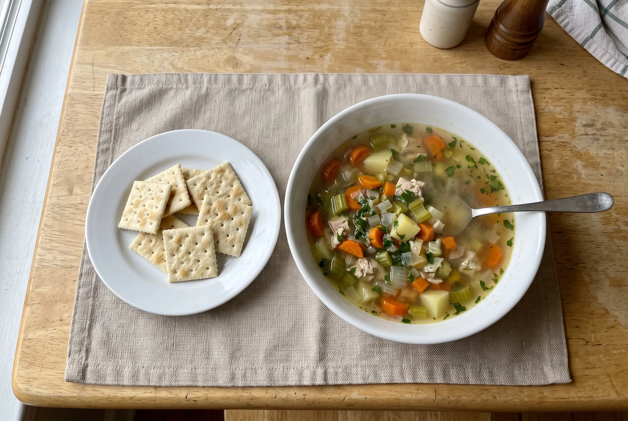 A small plate of crackers next to a large bowl of broth-based soup on a kitchen table, seen from above