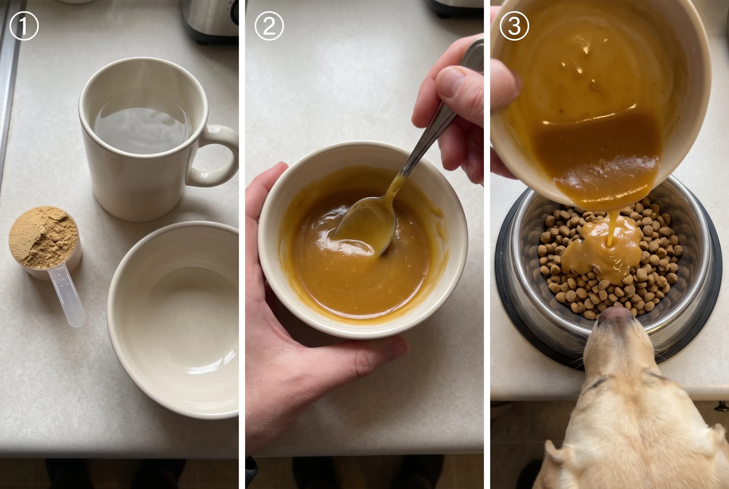 Three panels: a scoop of powder beside a mug of warm water, a hand stirring thick gravy, and the gravy poured over a modest portion of kibble as a Labrador's head enters the frame