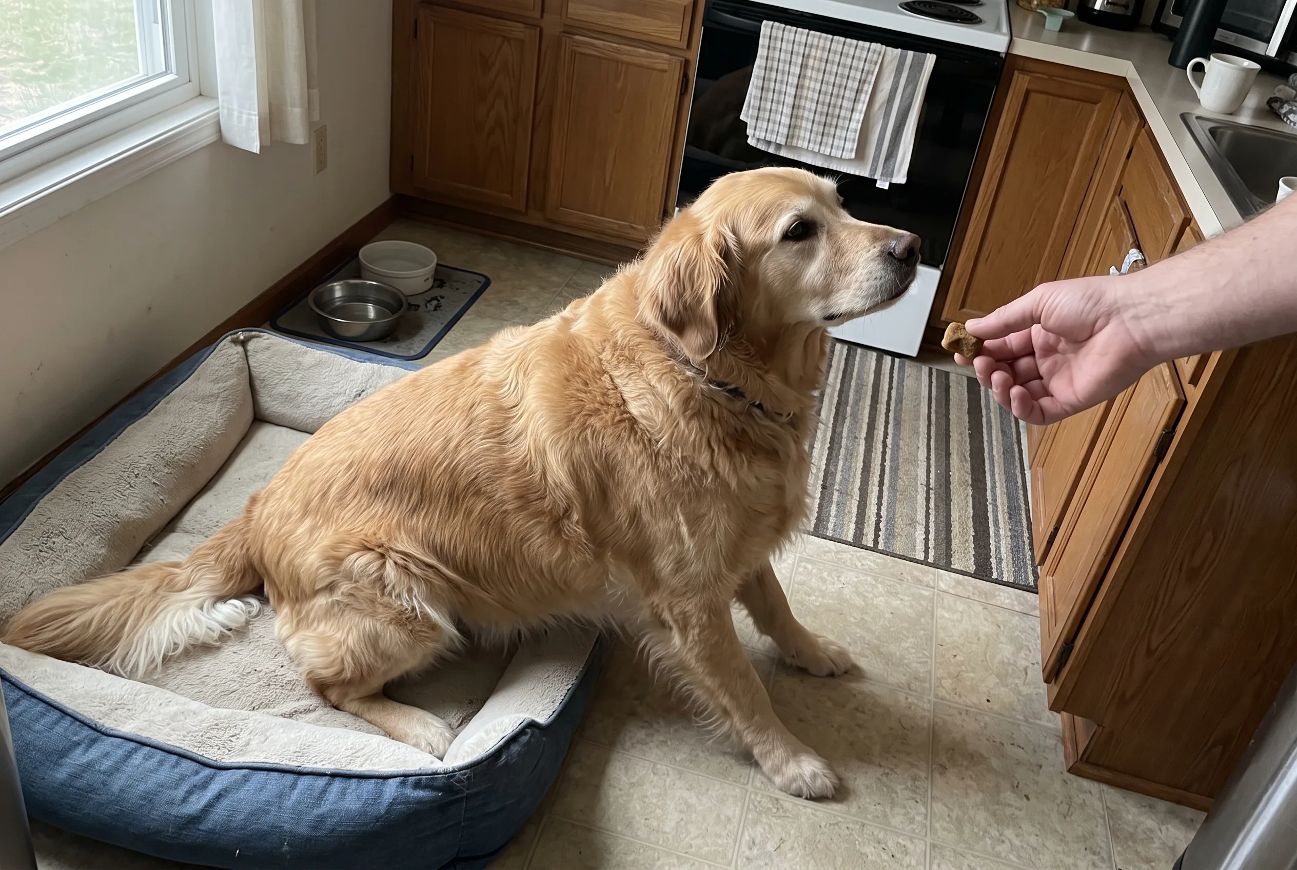 A hand offering a joint chew to a heavy senior Golden Retriever rising from its bed
