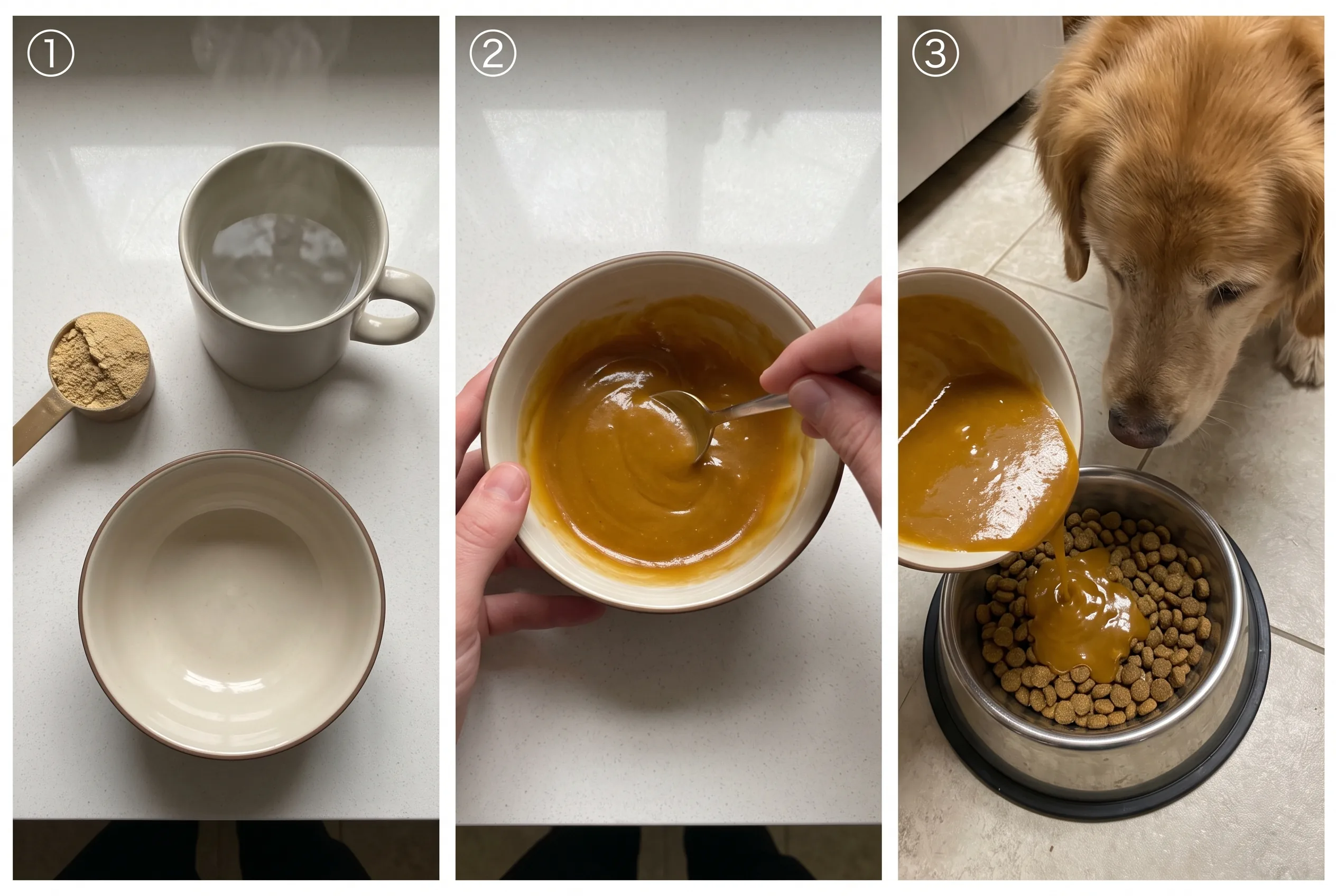 Three panels: a scoop of powder with a mug of warm water, a hand stirring gravy, and the gravy poured over a small portion of kibble