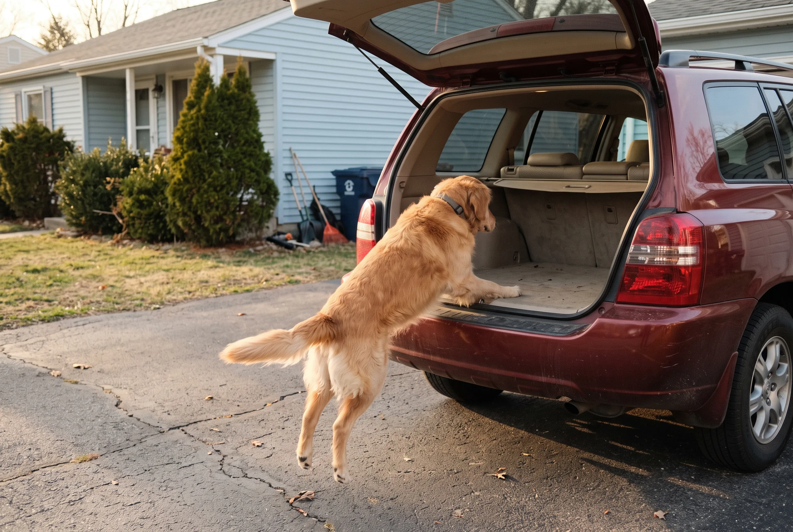 A senior Golden Retriever with a visible waist jumping into the back of an SUV in a driveway