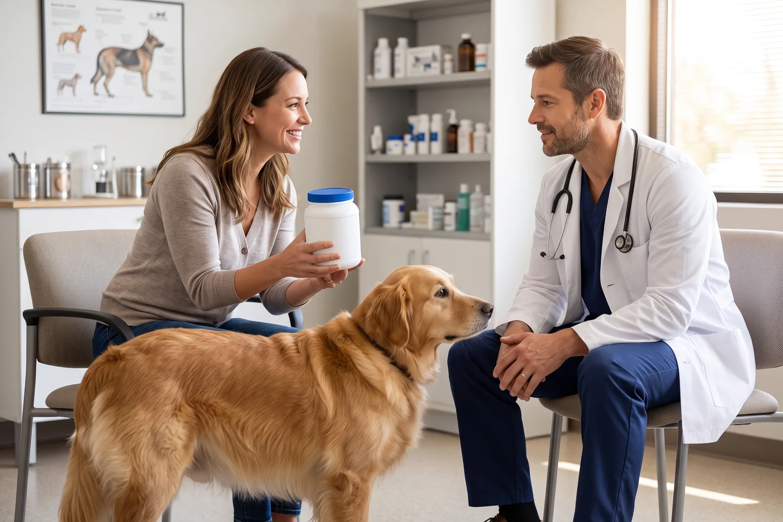 An owner holding an unbranded joint supplement jar beside an older Golden Retriever