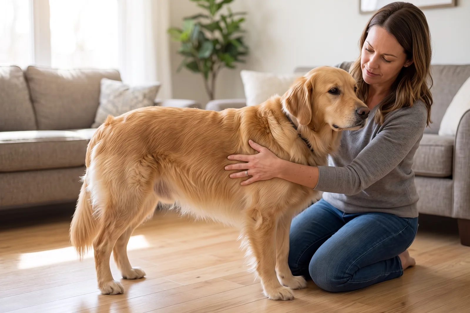 An owner gently checking the rib area and waist of a calm older dog at home
