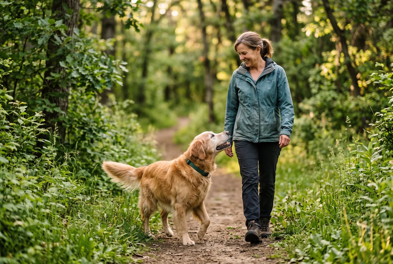 An older dog walking beside its owner on a green trail with relaxed, confident movement