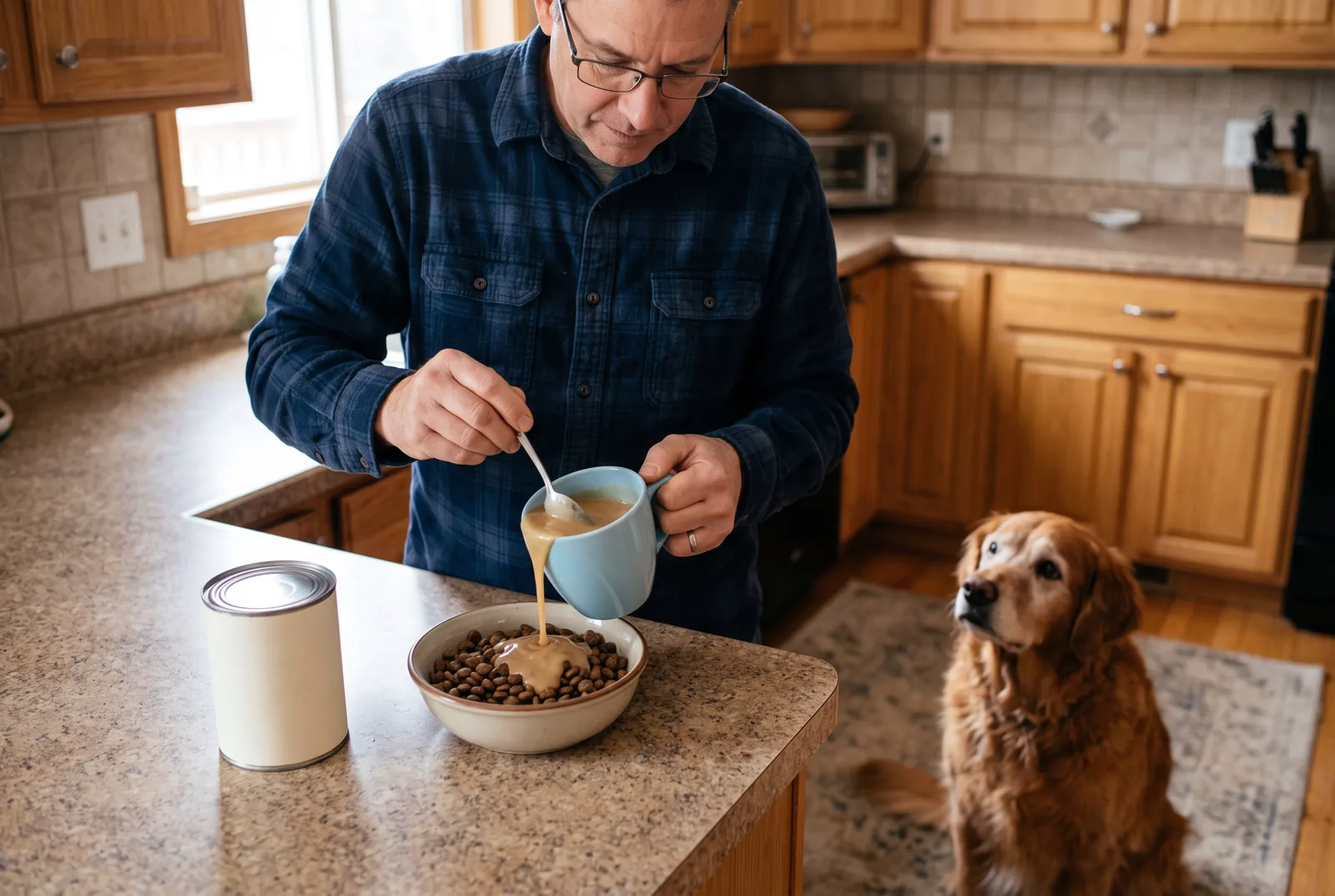An owner stirring prepared BOWLFUL gravy into a measured base meal while an older dog waits