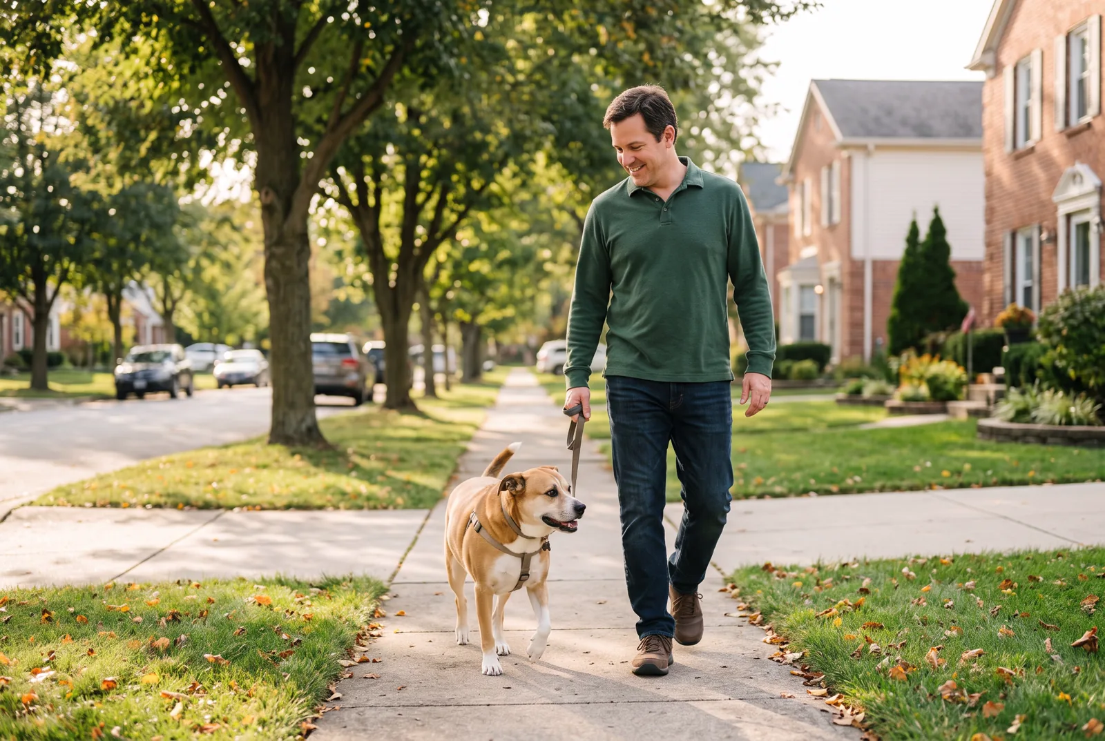A mildly overweight dog walking beside its owner in an everyday neighborhood setting
