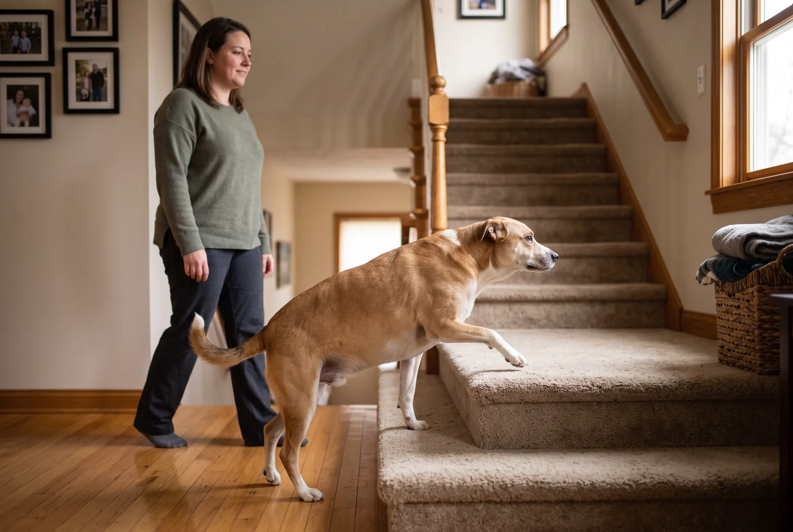 A mildly overweight dog moving up a low staircase at home with its owner nearby