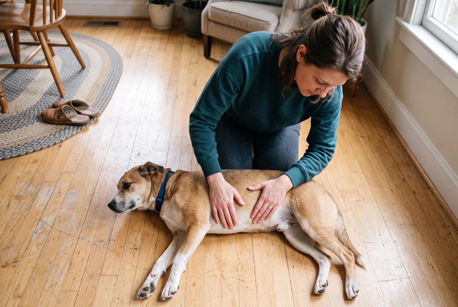 Top-down home scene of an owner assessing the waist and rib area of a calm dog