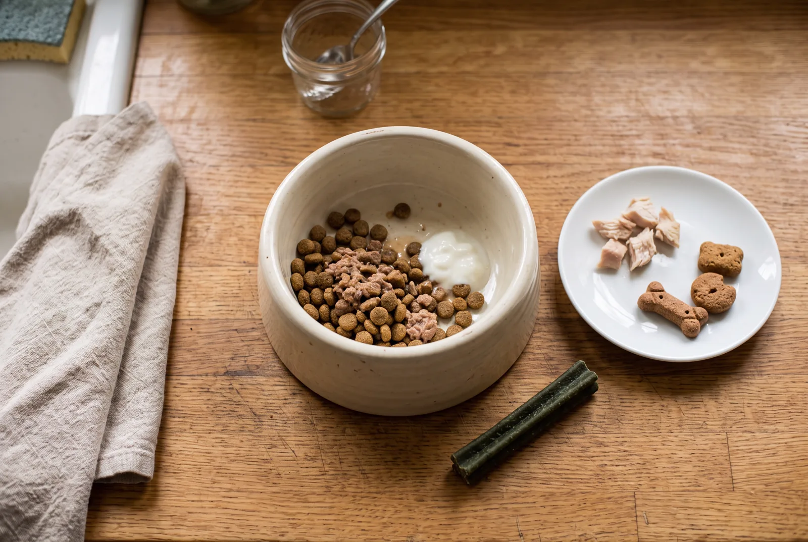 Overhead view of a dog bowl surrounded by ordinary daily extras in a kitchen