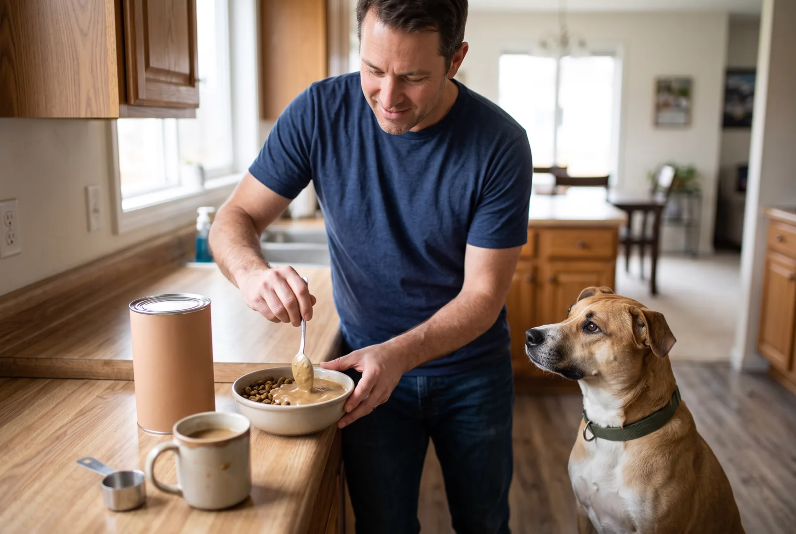 An owner stirring prepared BOWLFUL gravy into a measured dog-food portion